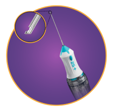Een productfoto van de 25+ Gauge Ultravit sonde met een close-up van de sondepunt.  