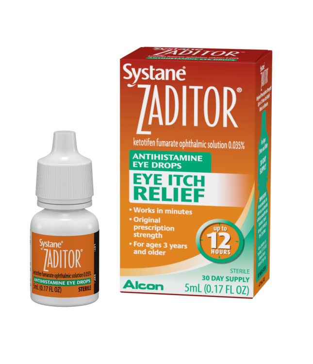 Systane Zaditor Antihistamine Eye Drops Eye Itch Relief vial carton and product box by Alcon