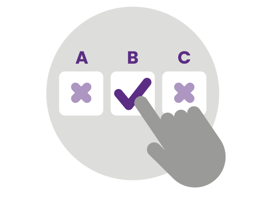 Icon featuring three options labeled A, B, and C. A large gray hand is selecting option B signified by a purple checkmark under B.
