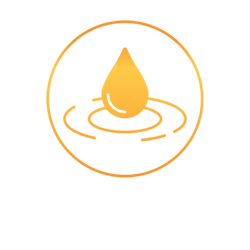 Orange gradient water droplet inside a circular outline with ripple rings, representing hydration and soothing moisture for eyes.