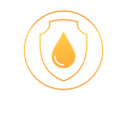 Orange gradient shield with a central water droplet inside a circular outline, symbolizing eye protection and moisture retention.