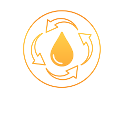 Orange gradient water droplet surrounded by three curved arrows inside a circle, illustrating eye restoration and tear film renewal.
