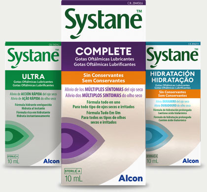 Three Systane eye drop boxes: Systane Complete (purple), Systane Ultra (green), and Systane Hidratación (blue), labeled as lubricant eye drops by Alcon.