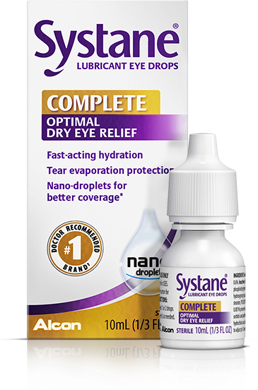 Systane Complete lubricant dry eye relief eye drops products box and vial carton by Alcon