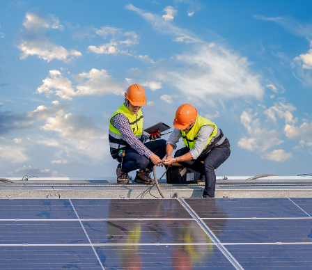 Two men in safety vests and hats, installing solar panels