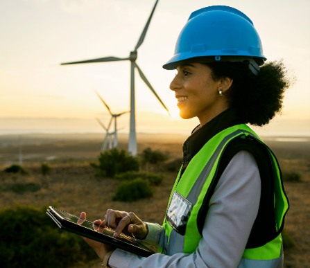 Woman in safety vest and hat, holding tablet and standing in front of row of wind turbines