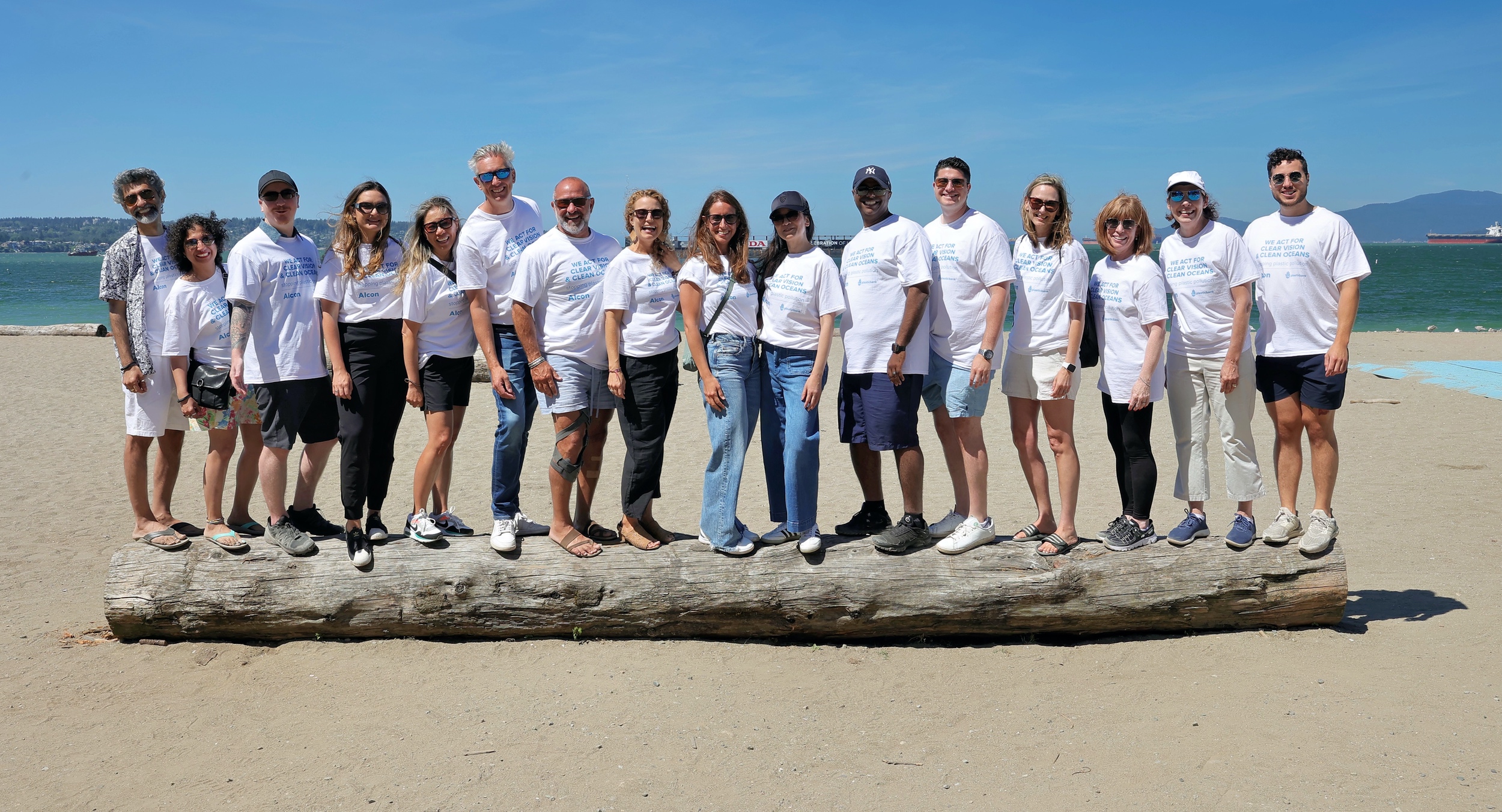 Group of volunteers standing on large piece of driftwood on beach
