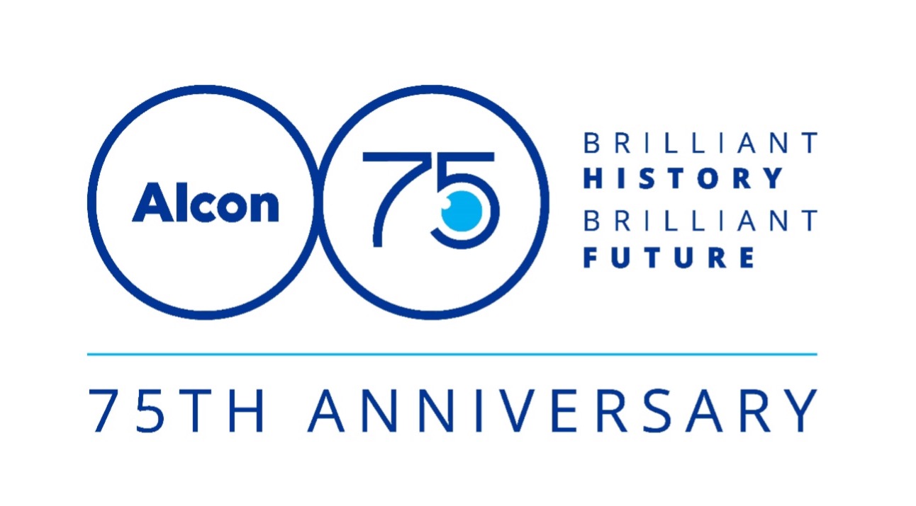 アルコン創立75周年記念ロゴ。左の円に「Alcon」、右の円に「75」と目をモチーフにしたデザイン。右側には「Brilliant History, Brilliant Future」、下部に「75th Anniversary」と書かれている。
