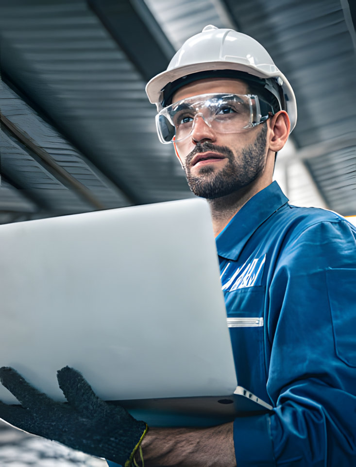 A construction worker wearing a hard hat, safety glasses, and work uniform looks intently at a laptop screen. They are wearing black work gloves