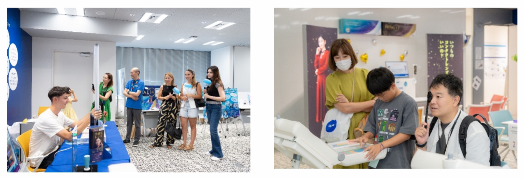 近代的な廊下で、白いシャツを着た若い男性がテーブルに座っており、数人の人々が見守っています。近代的な廊下で、白いシャツを着た男性とグレーのシャツを着た少年が、視力検査を受けながらデジタルディスプレイを見ています。