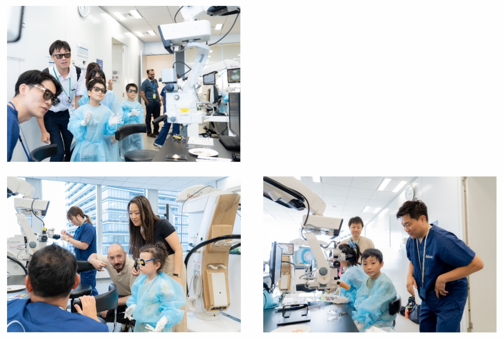 明るい医療研究室で、青い防護服を着た子供たちと大人がロボットアームを見学しています。明るい病院内で、医療従事者が子供に医療機器の説明をしながら付き添っています。青い手術着を着た少年が、病院のような場所で椅子に座っています。