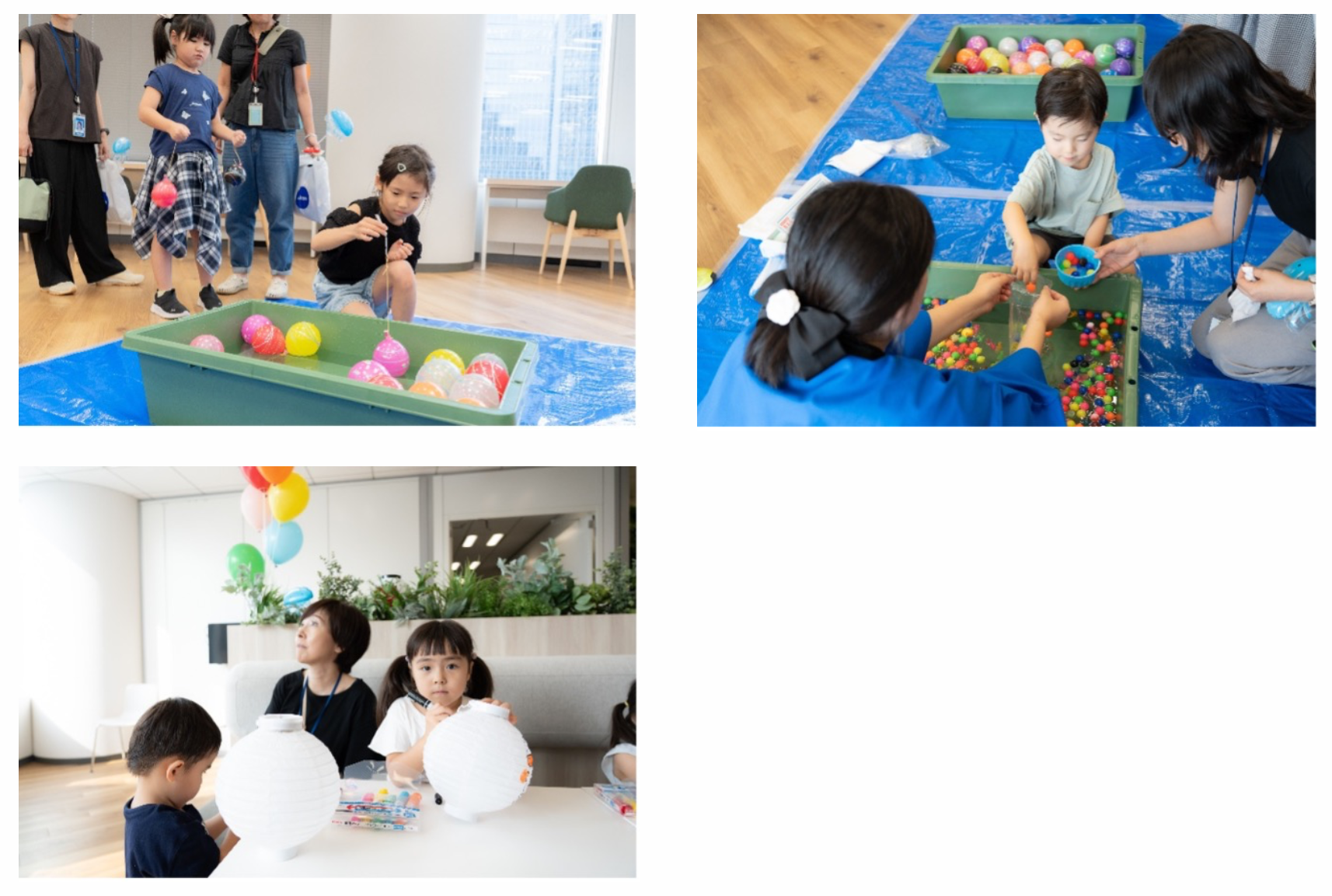 明るく照らされた部屋の中、色とりどりの風船でいっぱいの大きな緑色の容器のそばで、一人の子供が膝をついています。明るく広々とした空間で、大人が見守る中、子供が白いボールを持っています。背景には風船が見えます。カラフルなプラスチックボールに囲まれて、一人の子供が床に座っており、二人の大人がその子を手伝っています。