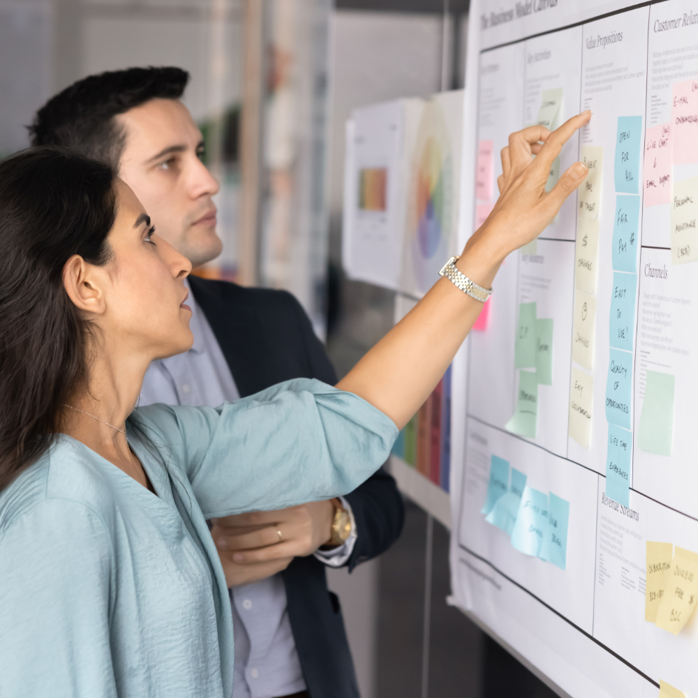 Two colleagues are reviewing a business strategy board covered in sticky notes, likely brainstorming or analyzing a plan.