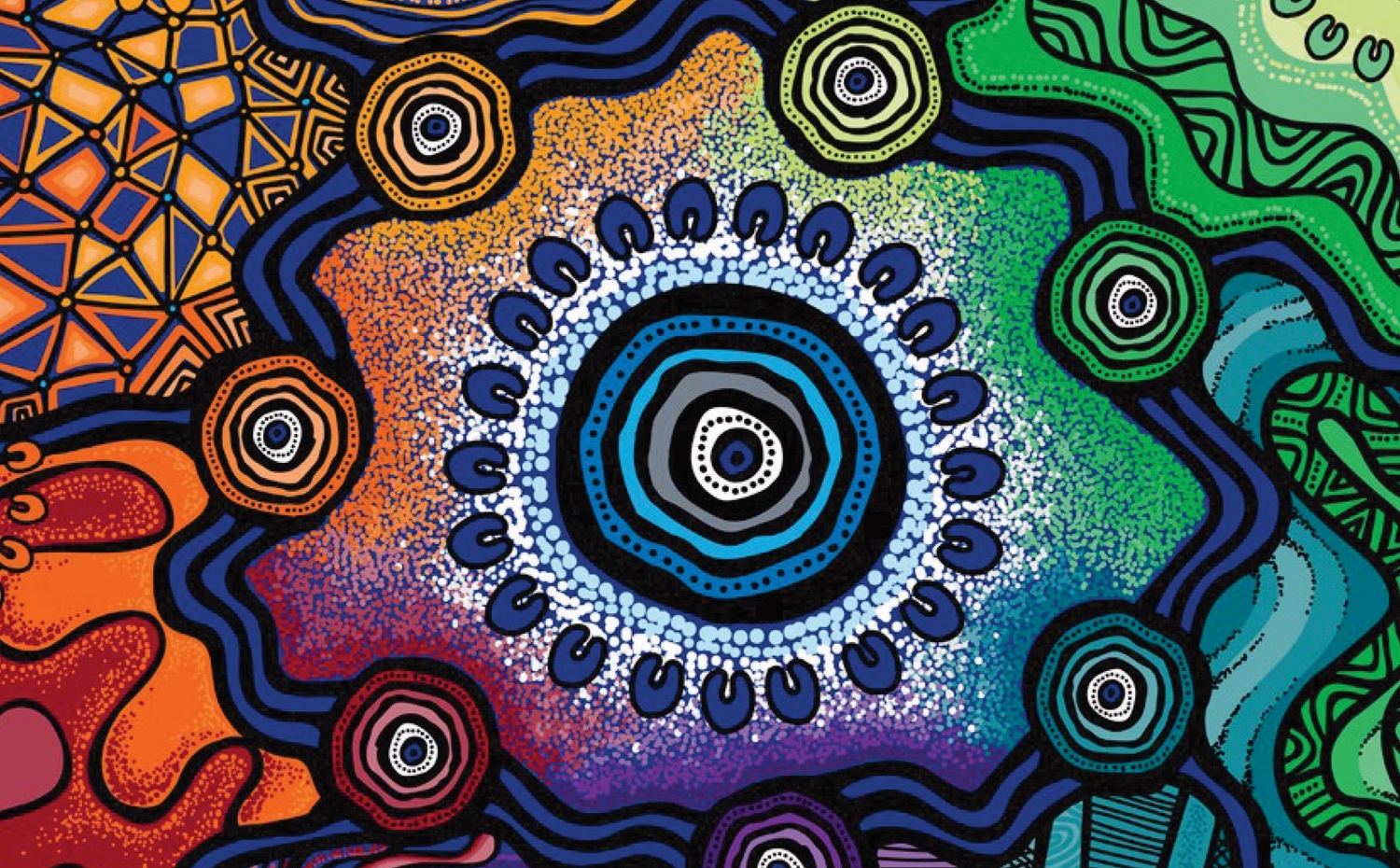 Colorful artwork using Australian Aboriginal imagery