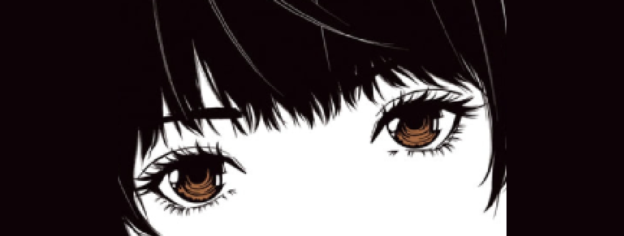 茶色い瞳と長いまつげが特徴的なアニメ風の目のイラストのクローズアップ。前髪のある黒髪のキャラクター。