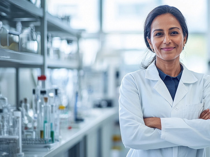 A woman with long brown hair is smiling at the camera while wearing a white lab coat and is surrounded by lab equipment.