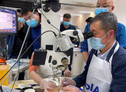Eye care professionals receiving hands-on surgical training
