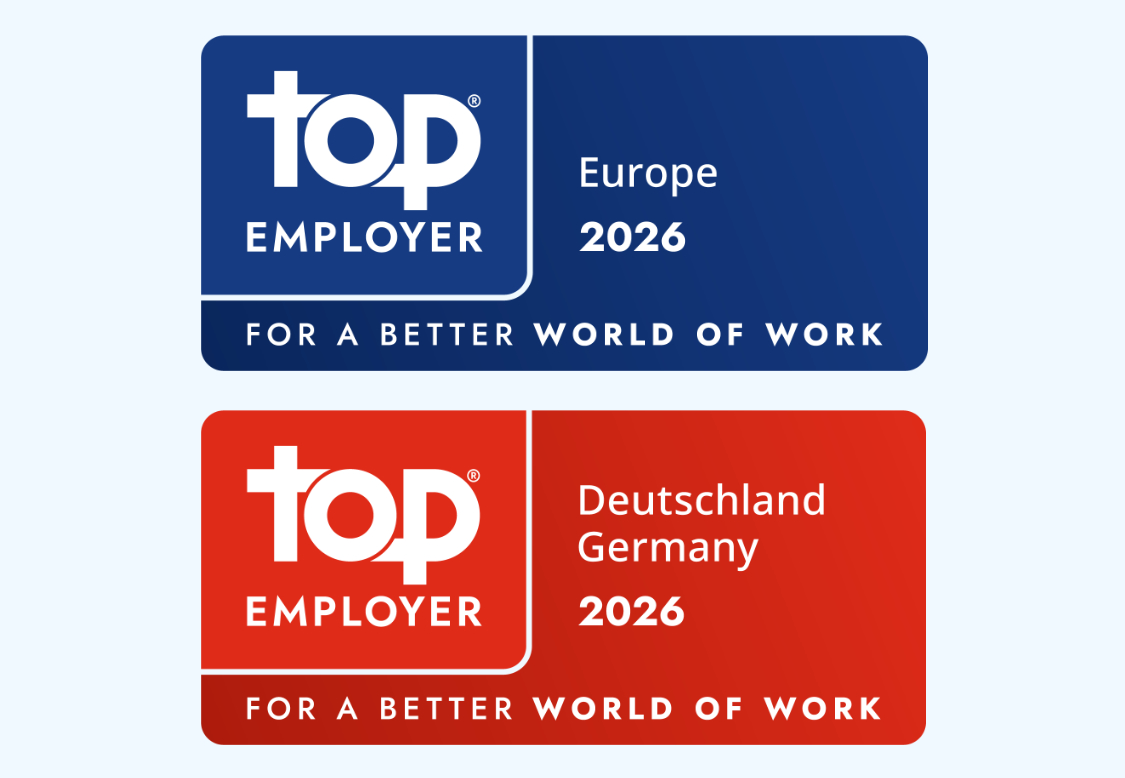 Logos der Top Employer 2026-Zertifizierung für Europa und Deutschland, die die Anerkennung für die Schaffung einer besseren Arbeitswelt hervorheben.
