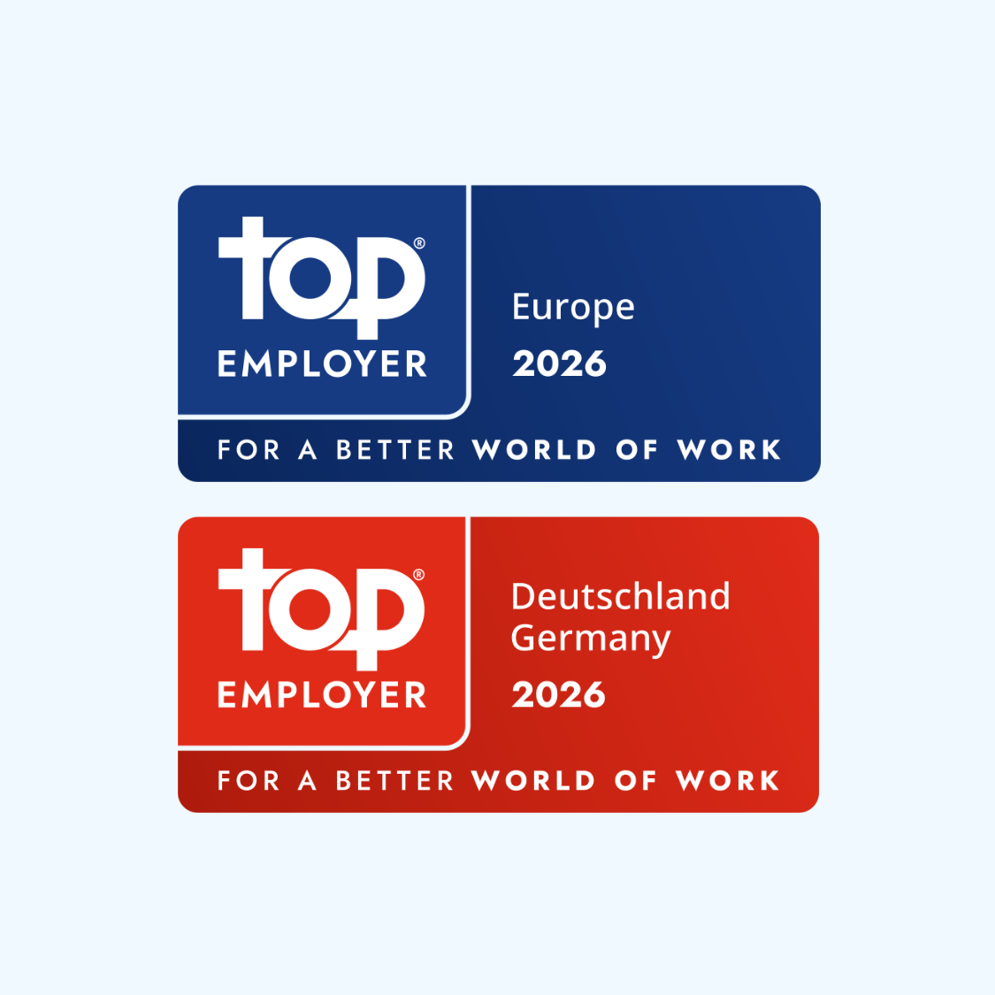 Logos der Top Employer 2026-Zertifizierung für Europa und Deutschland, die die Anerkennung für die Schaffung einer besseren Arbeitswelt hervorheben.