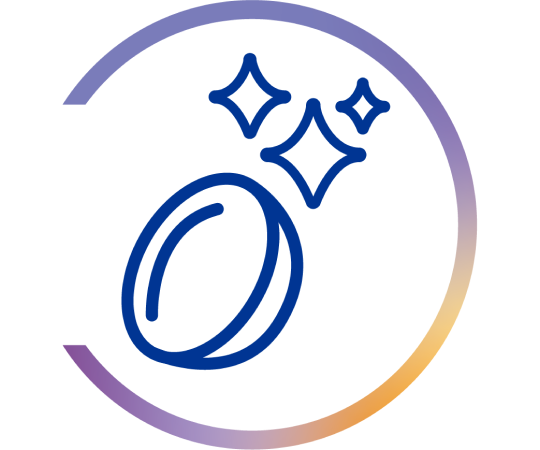Icon of a sparkling clean contact lens with three stars above it