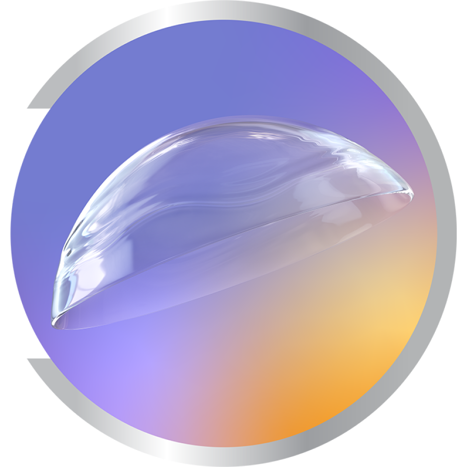 Close-up of a transparent contact lens against a purple, blue, and orange gradient background with a metallic silver border