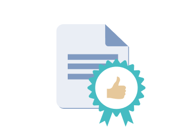 Illustration of a document with a teal ribbon seal featuring a thumbs-up icon, representing approval or certification