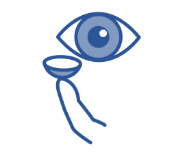 Illustration of a hand holding a contact lens near an eye, demonstrating proper placement before inserting the lens