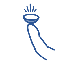 Illustration of a hand with a contact lens resting on the fingertip, with lines indicating readiness to apply