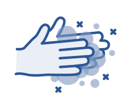 Illustration of two hands being washed with soap, surrounded by bubbles and sparkle icons indicating cleanliness