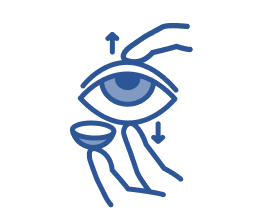 Illustration showing a hand holding a contact lens while using one hand to pull the upper eyelid upward and the other to pull the lower eyelid downward, preparing to insert the lens