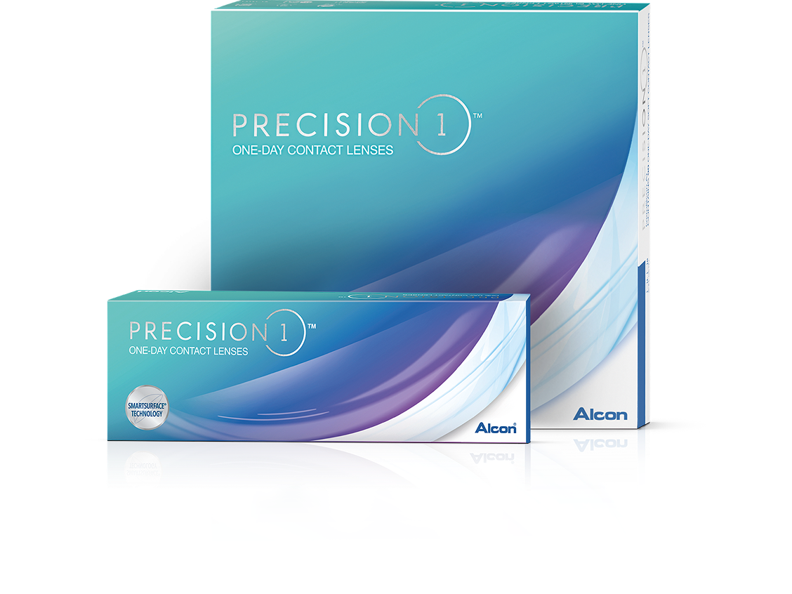 Product boxes of Precision1 one-day contact lenses by Alcon, featuring SmartSurface Technology