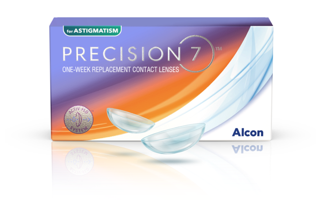 Box of PRECISION7 for Astigmatism one-week replacement contact lenses by Alcon, featuring orange, purple, and white packaging