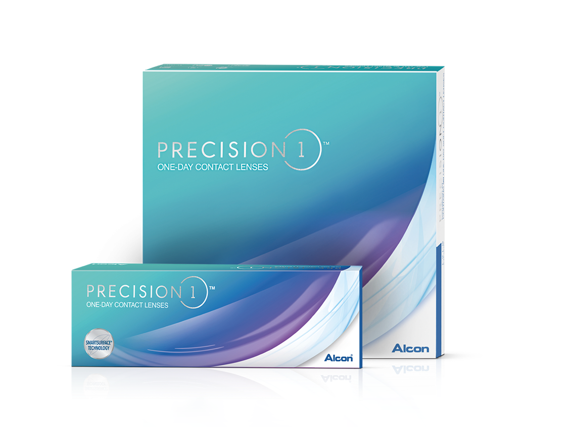 Product boxes of Precision1 one-day contact lenses by Alcon, featuring SmartSurface Technology