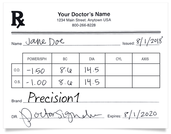 Sample contact lens prescription showing patient name, prescription values for both eyes, lens brand, and expiration date