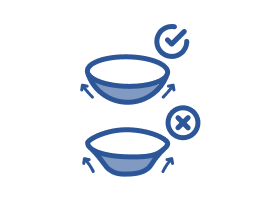 Two contact lenses illustrating correct and incorrect orientations. The top lens has a checkmark and smooth edges, while the bottom lens has an X and flared edges, indicating it is inside out.