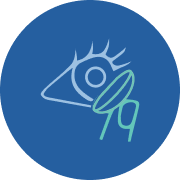 Icon of eye and eyelashes being examined by a magnifying glass, representing an eye exam or detailed eye inspection