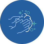 Icon with line art of hands being washed, surrounded by soap bubbles and sparkles, representing hand hygiene or cleanliness