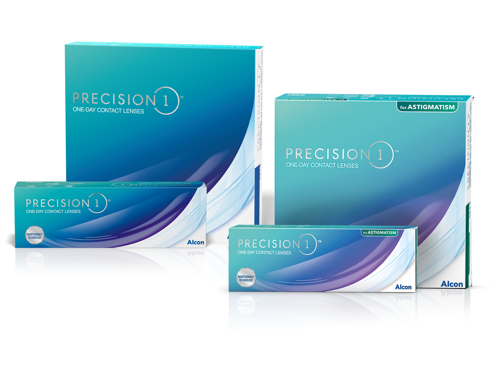 Four boxes of PRECISION1 daily contact lenses by Alcon, including standard and toric (for astigmatism) versions