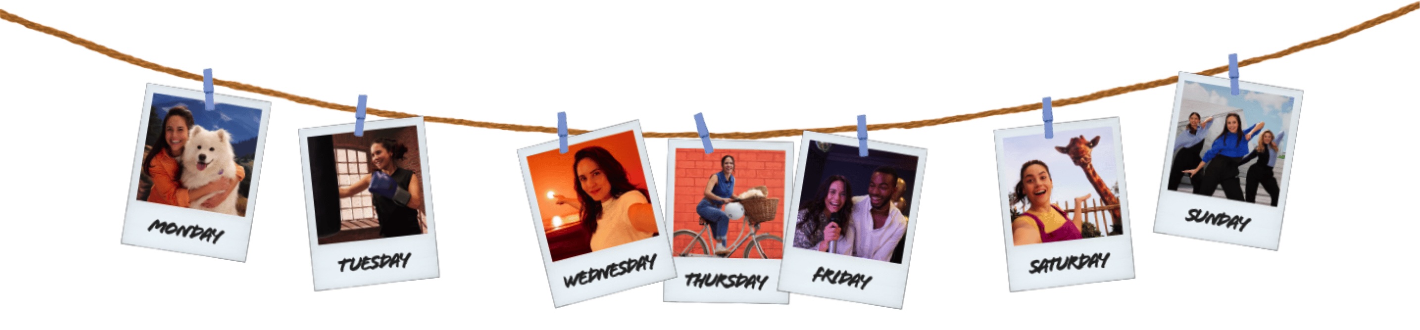 Polaroid-style photos clipped to a string, each labeled with a day of the week and showing people engaged in different activities from Monday through Sunday