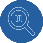 Blue circular icon with a light blue magnifying glass over a map symbol, representing location search or map exploration