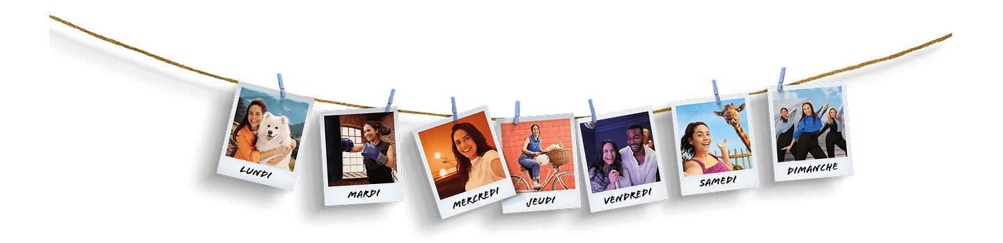 Polaroid-style photos clipped to a string, each labeled with a day of the week and showing people engaged in different activities from Monday through Sunday