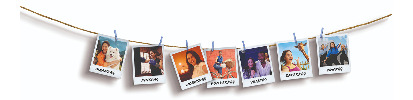 Polaroid-style photos clipped to a string, each labeled with a day of the week and showing people engaged in different activities from Monday through Sunday