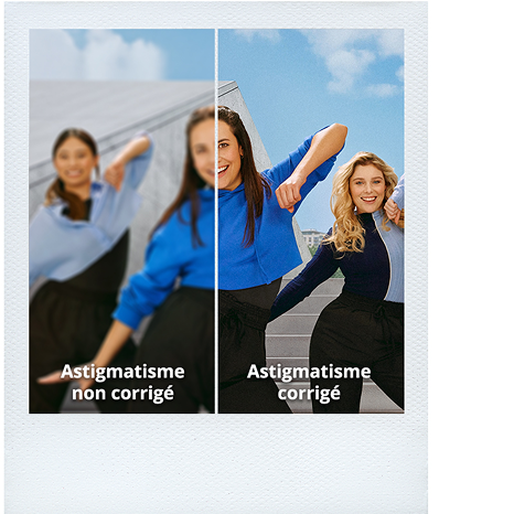 Split image comparing uncorrected and corrected astigmatism. Three women are dancing outdoors on steps. The left side is blurry, showing uncorrected vision, while the right side is sharp and clear, representing corrected astigmatism.