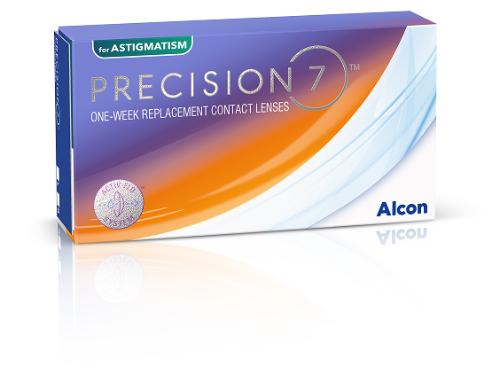Box of PRECISION7 for Astigmatism one-week replacement toric contact lenses by Alcon, featuring orange, purple, and white packaging