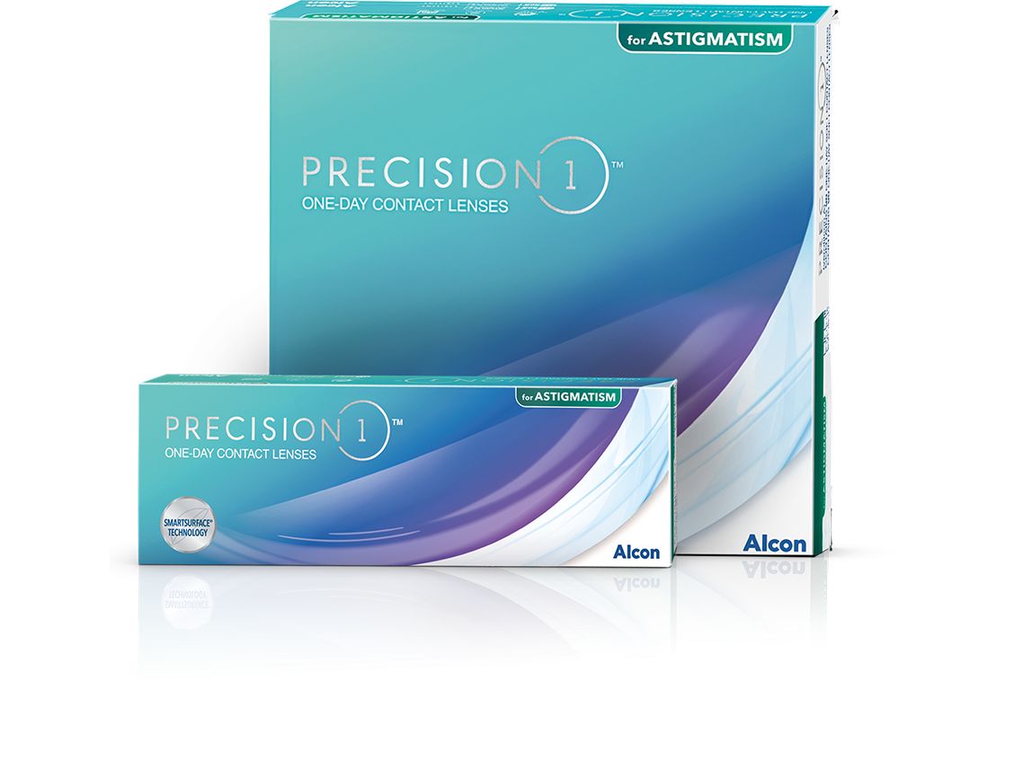 Product boxes of Precision1 for Astigmatism one-day contact lenses by Alcon, featuring SmartSurface Technology
