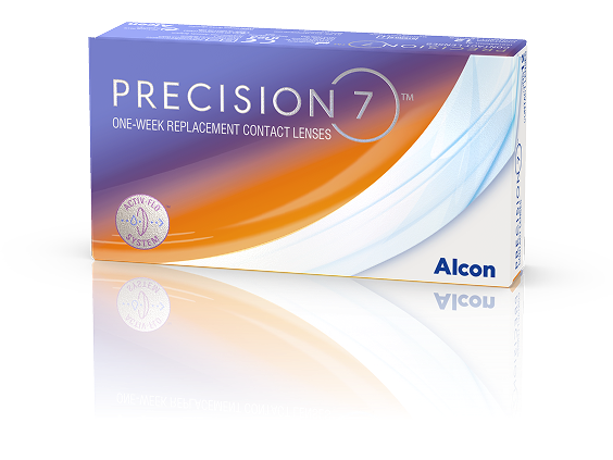 Box of PRECISION7 one-week replacement contact lenses by Alcon, featuring orange, purple, and white packaging
