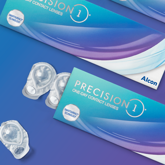 Boxes and blister packs of PRECISION1 one-day contact lenses by Alcon, featuring SmartSurface Technology