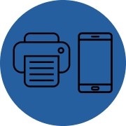 Blue circular icon with black line art of a printer and a smartphone, representing print or mobile access options