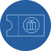 Blue circular icon with a light blue ticket illustration featuring a shopping bag symbol, representing a shopping coupon or retail offer