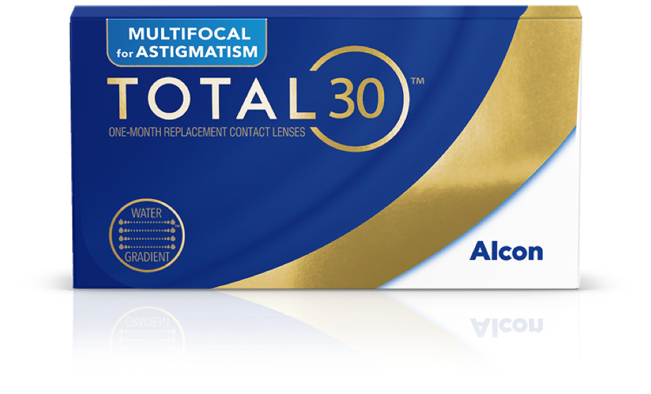 TOTAL30 multifocal for astigmatism monthly replacement contact lens product box floating in clouds